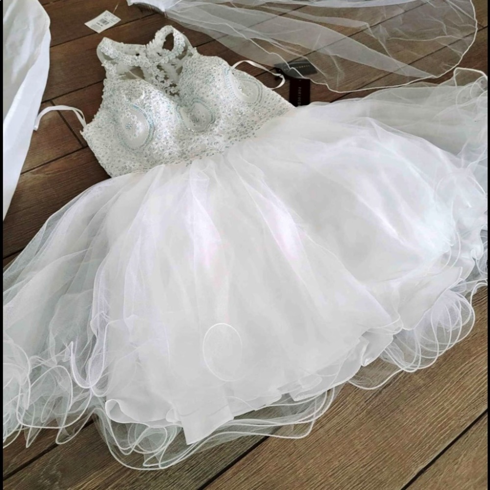 Short Vegas inspired wedding dress with veil